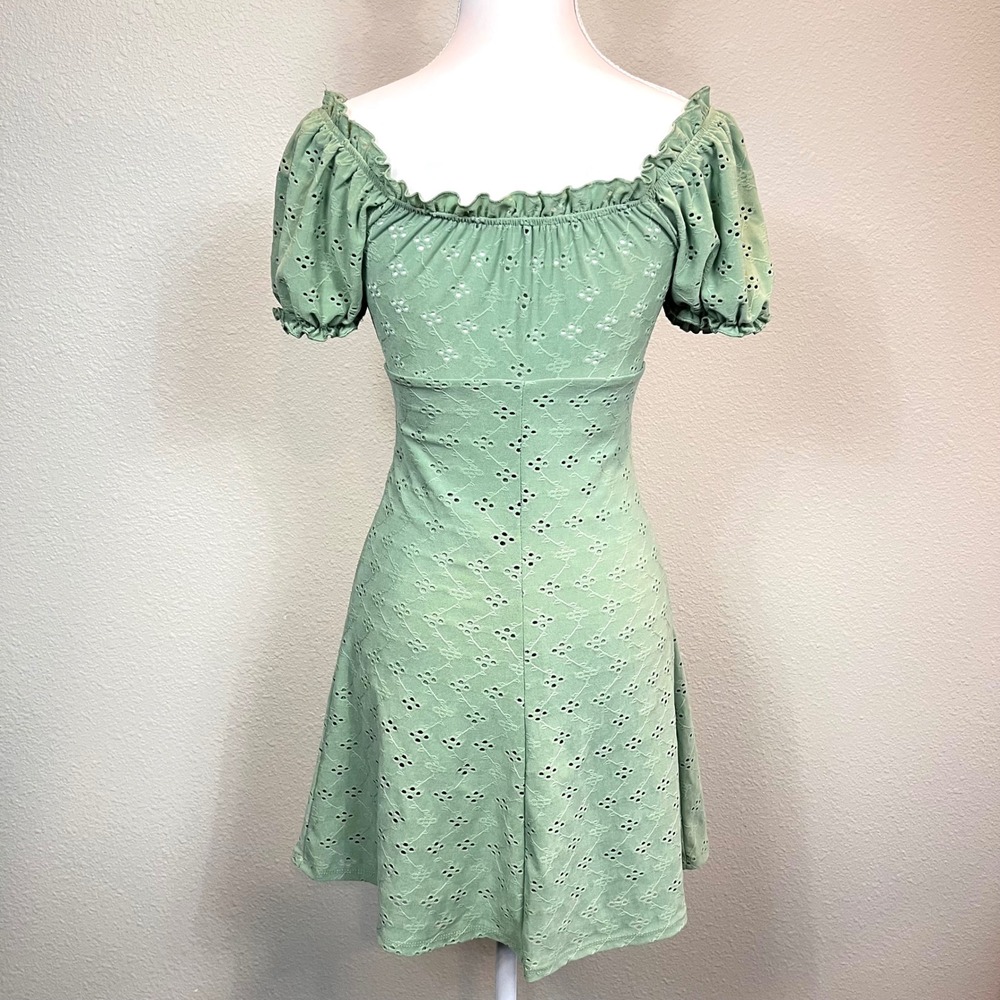 Heart & Heels Babydoll Mini Dress Size Small Green Y2K Coquette Milkmaid Eyelet - Picture 2 of 9